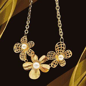Gold Tone Floral Pearl Statement Necklace